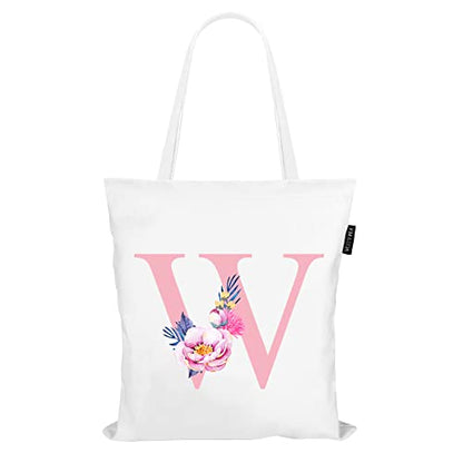 Personalized Pink Floral Initial Tote Bag for Women Canvas Tote Bags Reusable Grocery Bags Shopping Totes Letter G