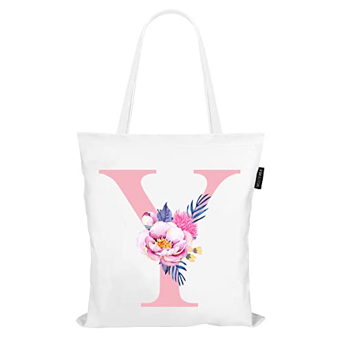 Personalized Pink Floral Initial Tote Bag for Women Canvas Tote Bags Reusable Grocery Bags Shopping Totes Letter G