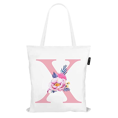 Personalized Pink Floral Initial Tote Bag for Women Canvas Tote Bags Reusable Grocery Bags Shopping Totes Letter G