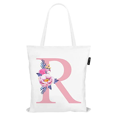 Personalized Pink Floral Initial Tote Bag for Women Canvas Tote Bags Reusable Grocery Bags Shopping Totes Letter G