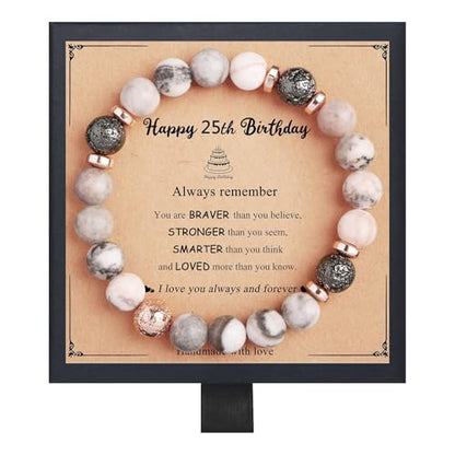 Fmeida Birthday Gifts for Women - Natural Stone Stretch Bracelets for 30th 35th 40th 45th 50th 60th 65th 70th 80th - Anniversary Retirement Gift for Her