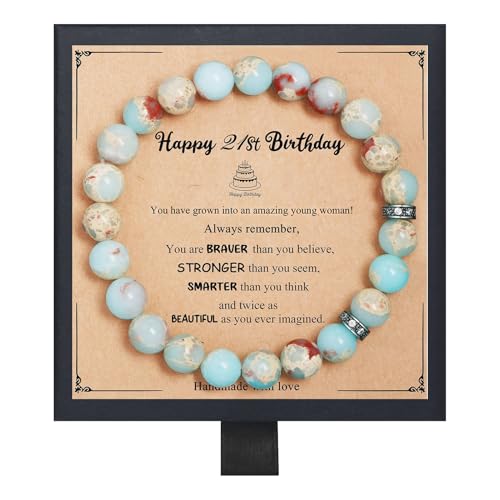 Fmeida Birthday Gifts for Women - Natural Stone Stretch Bracelets for 30th 35th 40th 45th 50th 60th 65th 70th 80th - Anniversary Retirement Gift for Her