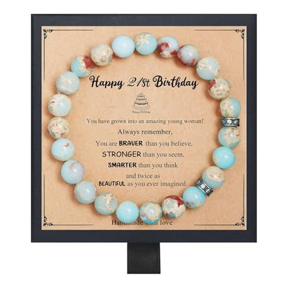 Fmeida Birthday Gifts for Women - Natural Stone Stretch Bracelets for 30th 35th 40th 45th 50th 60th 65th 70th 80th - Anniversary Retirement Gift for Her