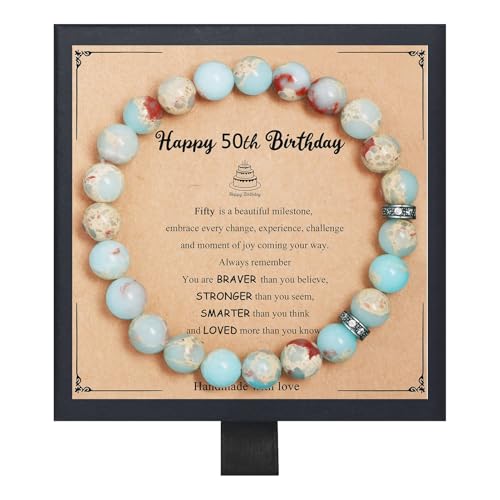 Fmeida Birthday Gifts for Women - Natural Stone Stretch Bracelets for 30th 35th 40th 45th 50th 60th 65th 70th 80th - Anniversary Retirement Gift for Her