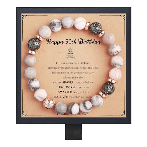 Fmeida Birthday Gifts for Women - Natural Stone Stretch Bracelets for 30th 35th 40th 45th 50th 60th 65th 70th 80th - Anniversary Retirement Gift for Her