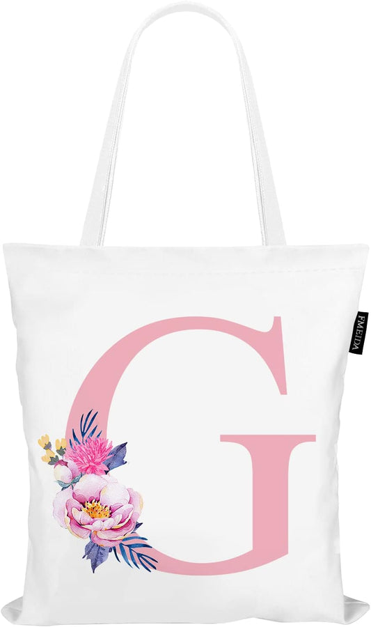 Personalized Pink Floral Initial Tote Bag for Women Canvas Tote Bags Reusable Grocery Bags Shopping Totes Letter G