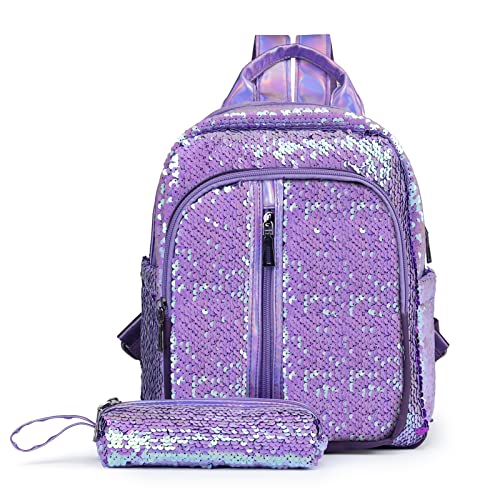 Fmeida Sequin School Backpack for Girls Kids Kawaii Kindergarten Elementary Book Bag Bookbag Glitter Sparkly Back Pack Christmas Gift - Lavender Purple