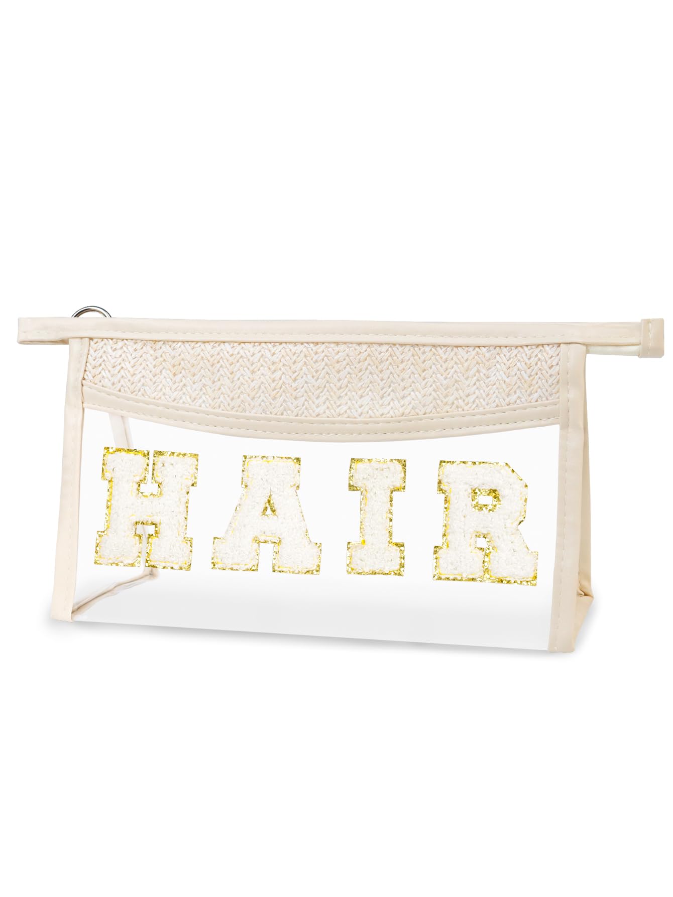 Fmeida STUFF Boho Clear Makeup Bag - Transparent Toiletry Pouch with Hand-woven Rattan Straw & Chenille Letters - Waterproof Zipper Cosmetic Organizer for Beach Essentials