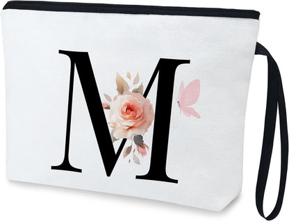 Fmeida Initial Makeup Bag 12OZ Canvas Personalized Cosmetic Bag Travel Toiletry Pouch Aesthetic Floral Butterfly - Letter M