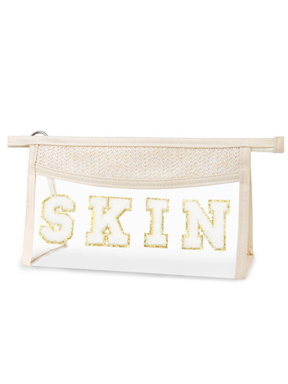 Fmeida STUFF Boho Clear Makeup Bag - Transparent Toiletry Pouch with Hand-woven Rattan Straw & Chenille Letters - Waterproof Zipper Cosmetic Organizer for Beach Essentials