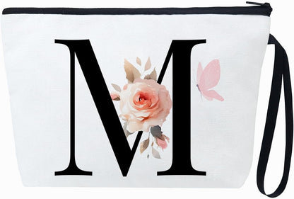 Fmeida Initial Makeup Bag 12OZ Canvas Personalized Cosmetic Bag Travel Toiletry Pouch Aesthetic Floral Butterfly - Letter M