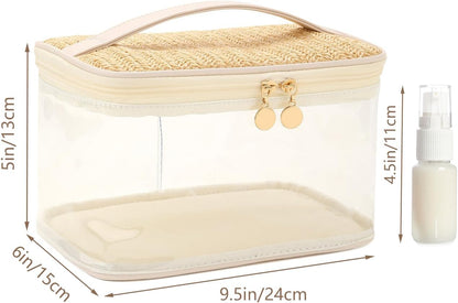 Fmeida Clear Makeup Bag Cosmetic Bag Boho Straw Clear Toiletry Bag with Zipper PU Handle Transparent PVC Hair & Nail Accessories Pouch Organizer for Travel Beach Essentials