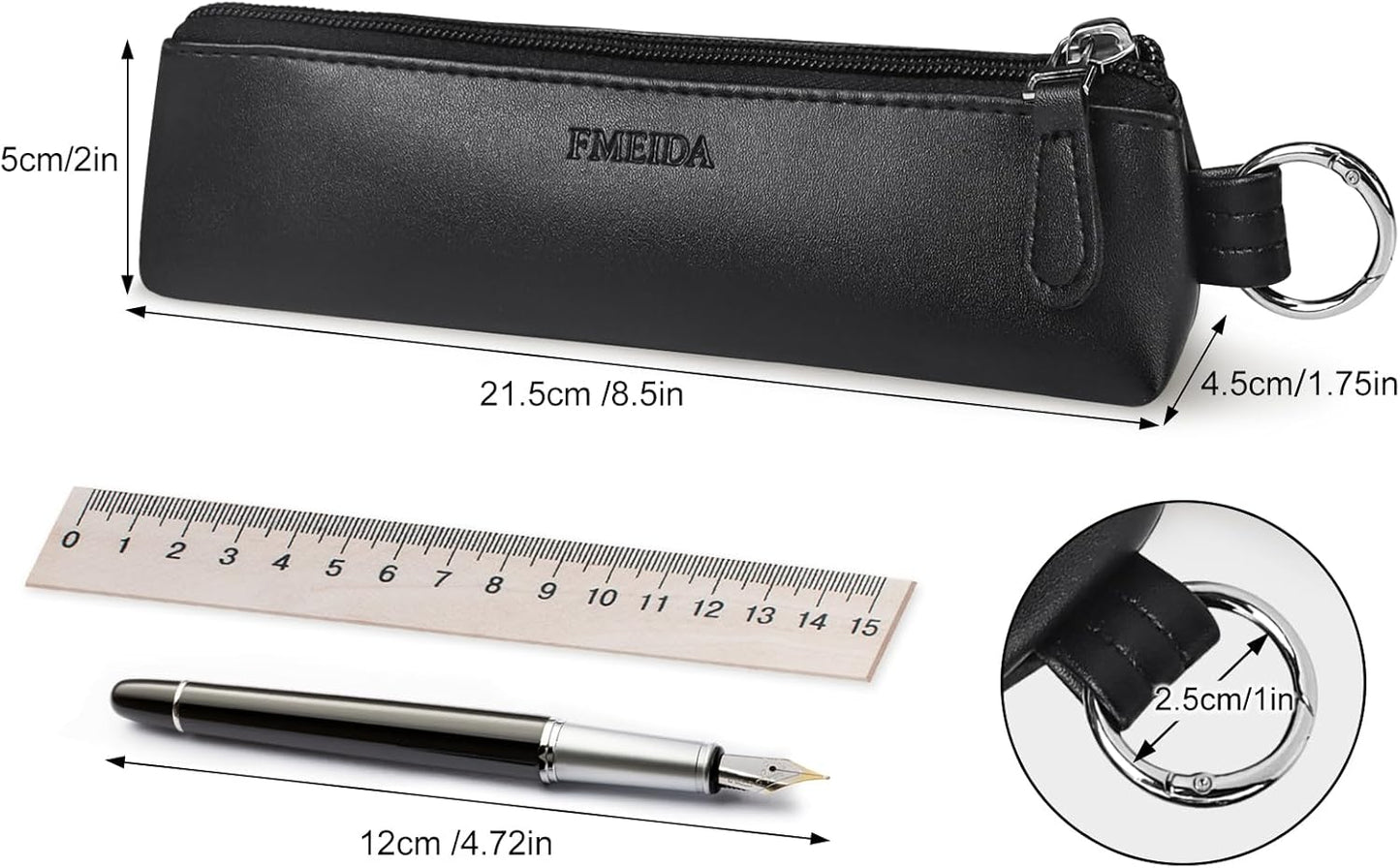 Fmeida Small Pencil Case - Velvet Lined Pencil Pouch PU Leather Pencil Bag Portable Office Stationery Pouches - Black