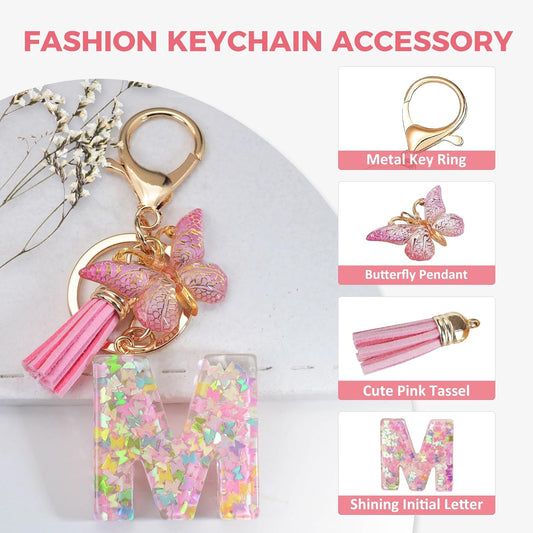 Fmeida Initial Letter Keychains for Women Cute Pink Keychain with Tassel& Butterfly