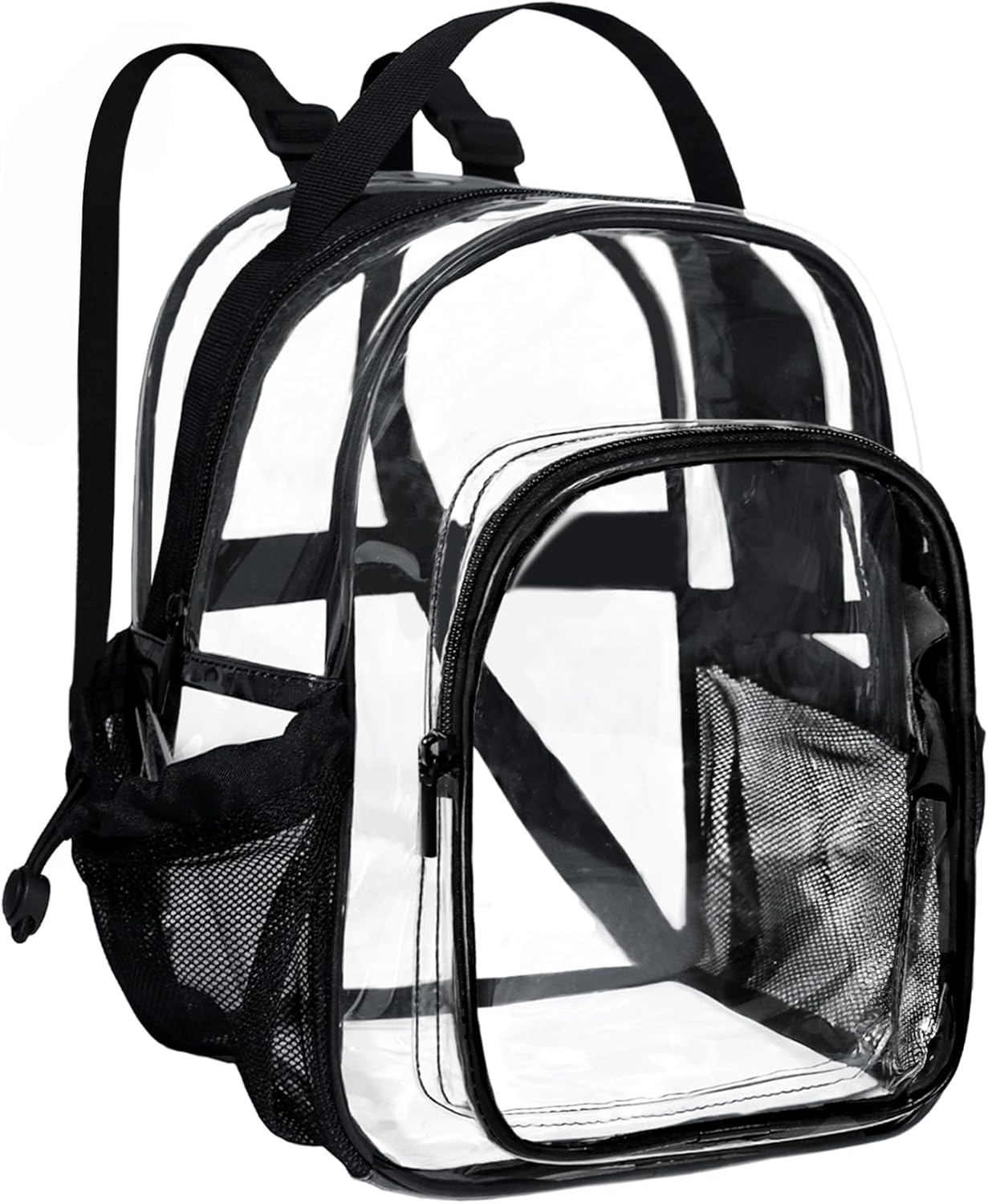 Fmeida Small Clear Backpack Stadium Approved Heavy Duty Clear Mini Backpack Transparent PVC See Through Bags for Concert Work Sport Games Concerts Security Travel Black