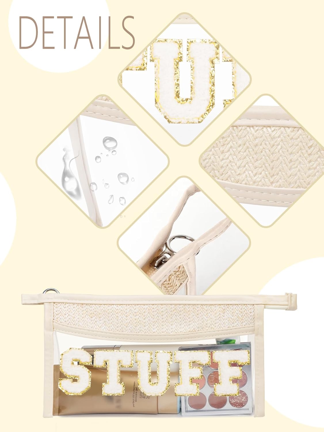 Fmeida STUFF Boho Clear Makeup Bag - Transparent Toiletry Pouch with Hand-woven Rattan Straw & Chenille Letters - Waterproof Zipper Cosmetic Organizer for Beach Essentials