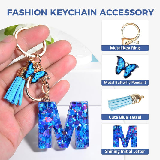 Fmeida Keychains for Women Initial Letter Keychain Purse Charms for Handbags Backpacks Butterfly Blue Keychain