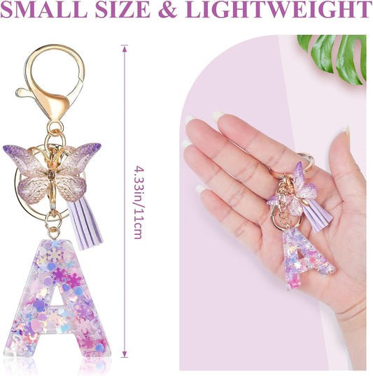 Fmeida Initial Letter Keychains for Women Cute Purple Keychain with Tassel& Butterfly