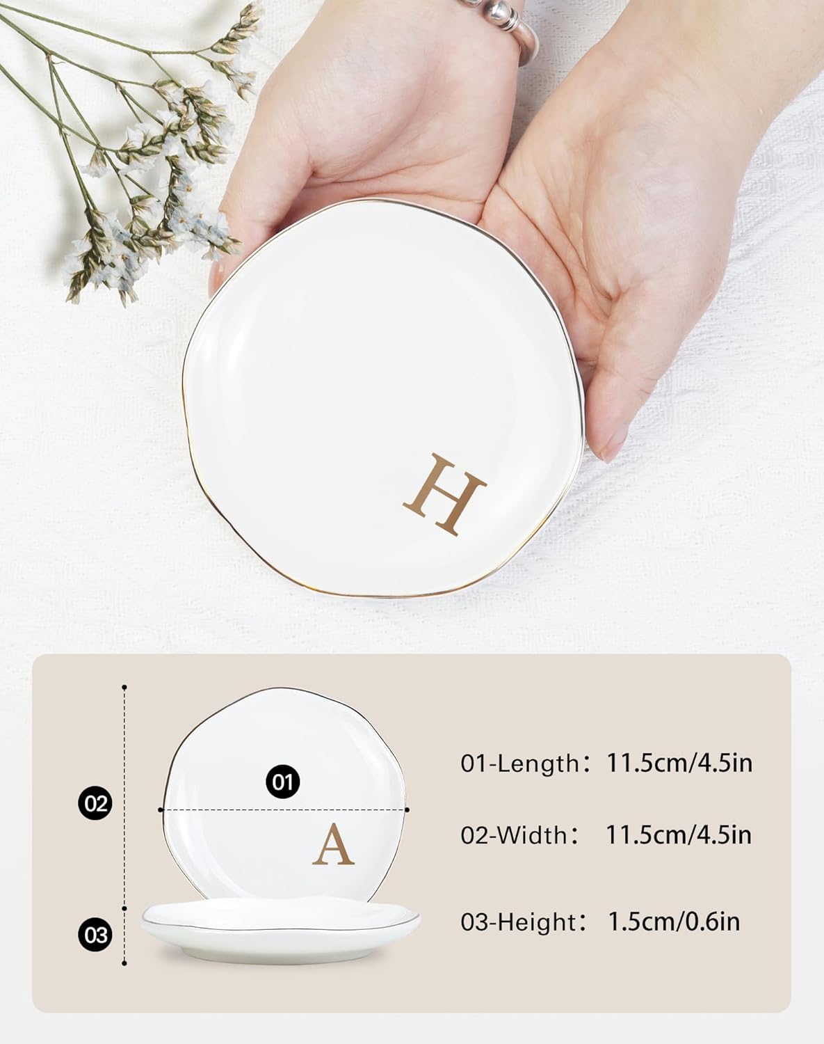 Fmeida Jewelry Tray Ring Dish for Women, Initials Ceramic Jewelry Dish, Personalized Aesthetic Decorative Birthday Mother's Day Gift, 4.75", Rose Gold L