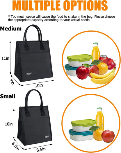 Fmeida Lunch Bag, Insulated Lunch Bag Women, Small Lunch Bag, Thermal Black Lunch Bag with Side&Interior Pockets, Reusable Adult Lunch Tote Bags for Women Men Office Work College Beach Travel