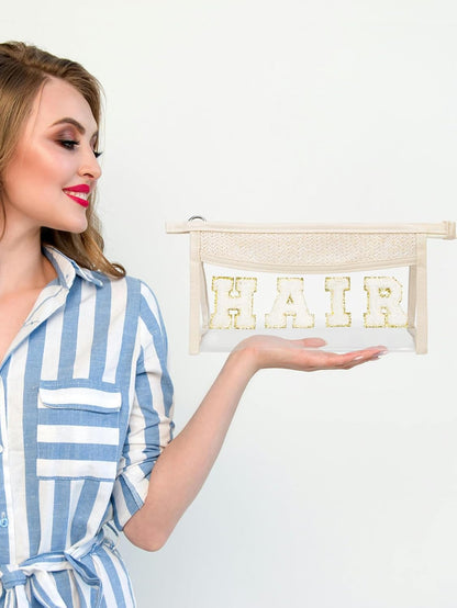 Fmeida STUFF Boho Clear Makeup Bag - Transparent Toiletry Pouch with Hand-woven Rattan Straw & Chenille Letters - Waterproof Zipper Cosmetic Organizer for Beach Essentials