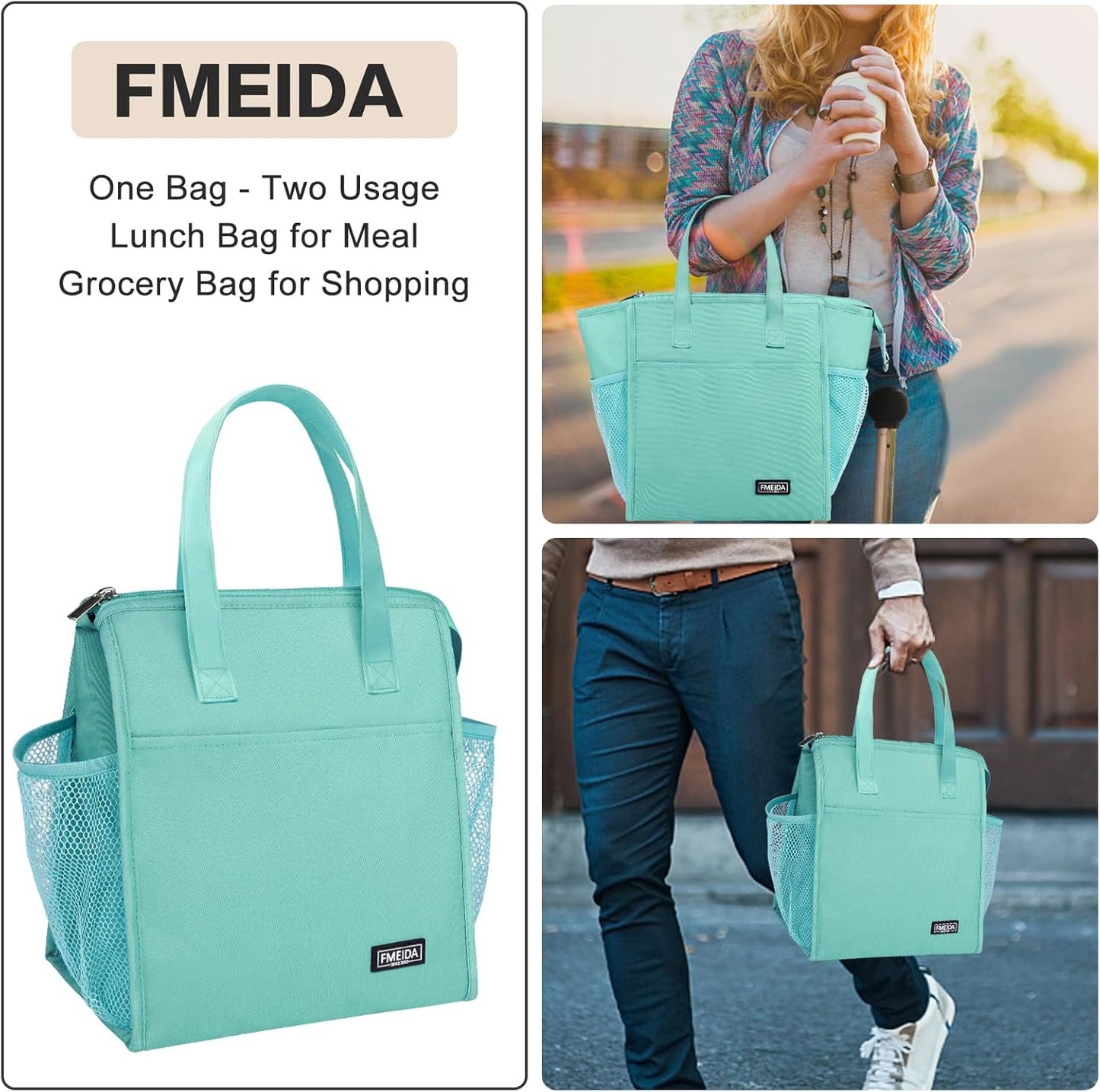 Fmeida Insulated Lunch Bag Women, Leakproof Womens Lunch Bag, Thermal Adult Lunchbag with Front Side Pockets, Reusable Lunch Bag for Office Work Travel Picnic Large Mint Blue