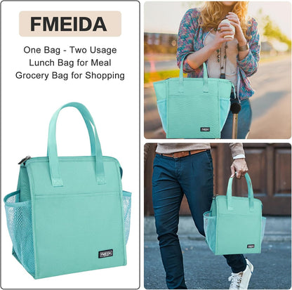 Fmeida Insulated Lunch Bag Women, Leakproof Womens Lunch Bag, Thermal Adult Lunchbag with Front Side Pockets, Reusable Lunch Bag for Office Work Travel Picnic Large Mint Blue