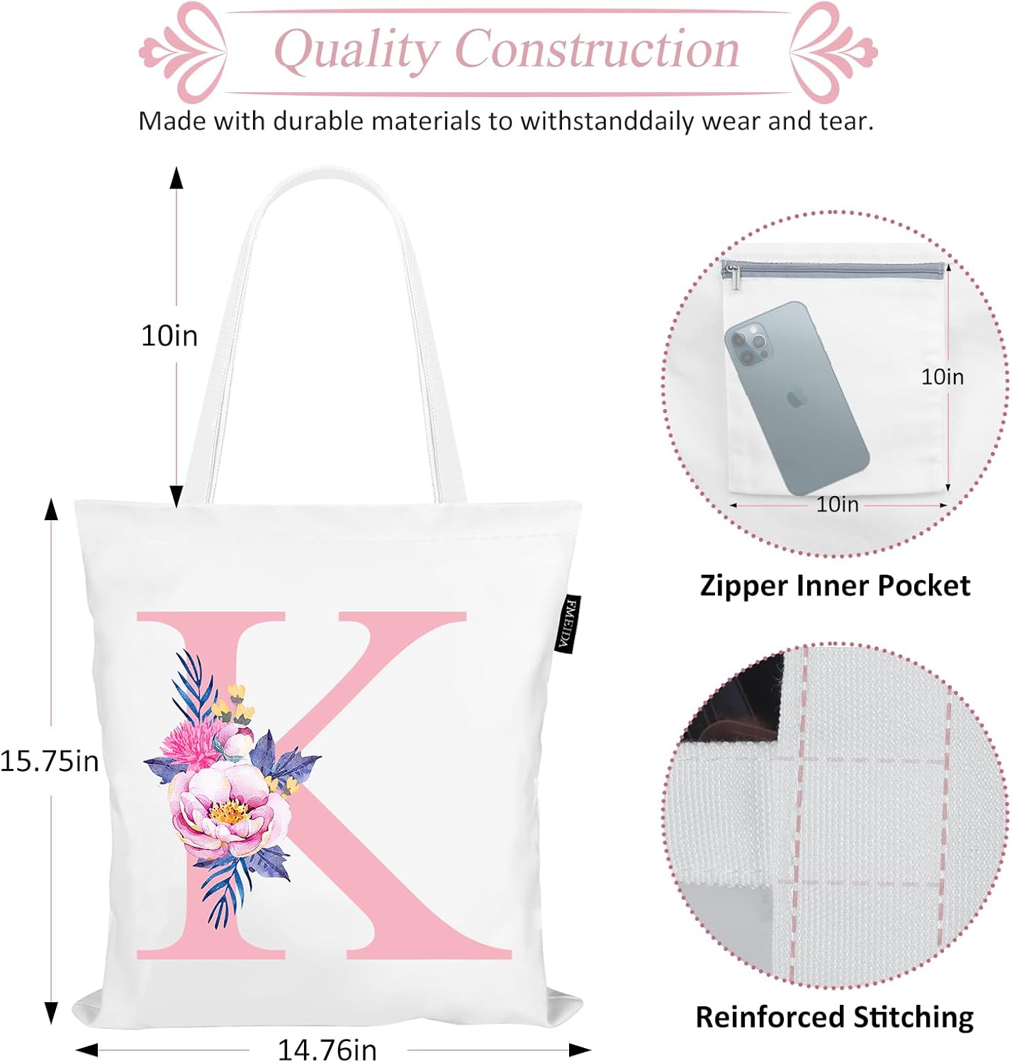 Personalized Pink Floral Initial Tote Bag for Women Canvas Tote Bags Reusable Grocery Bags Shopping Totes Letter G