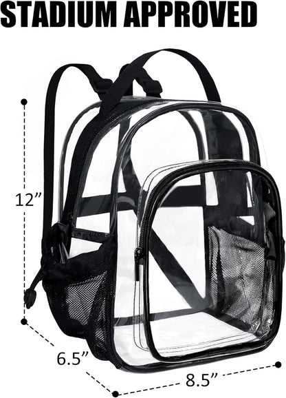 Fmeida Small Clear Backpack Stadium Approved Heavy Duty Clear Mini Backpack Transparent PVC See Through Bags for Concert Work Sport Games Concerts Security Travel Black