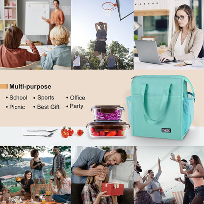 Fmeida Insulated Lunch Bag Women, Leakproof Womens Lunch Bag, Thermal Adult Lunchbag with Front Side Pockets, Reusable Lunch Bag for Office Work Travel Picnic Large Mint Blue