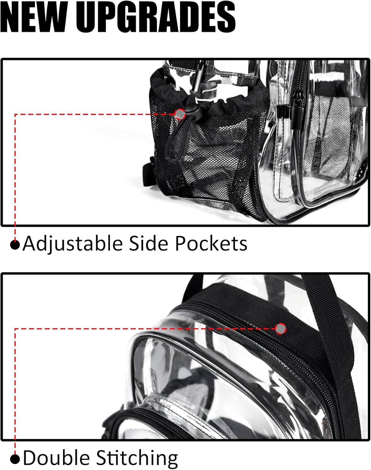 Fmeida Small Clear Backpack Stadium Approved Heavy Duty Clear Mini Backpack Transparent PVC See Through Bags for Concert Work Sport Games Concerts Security Travel Black