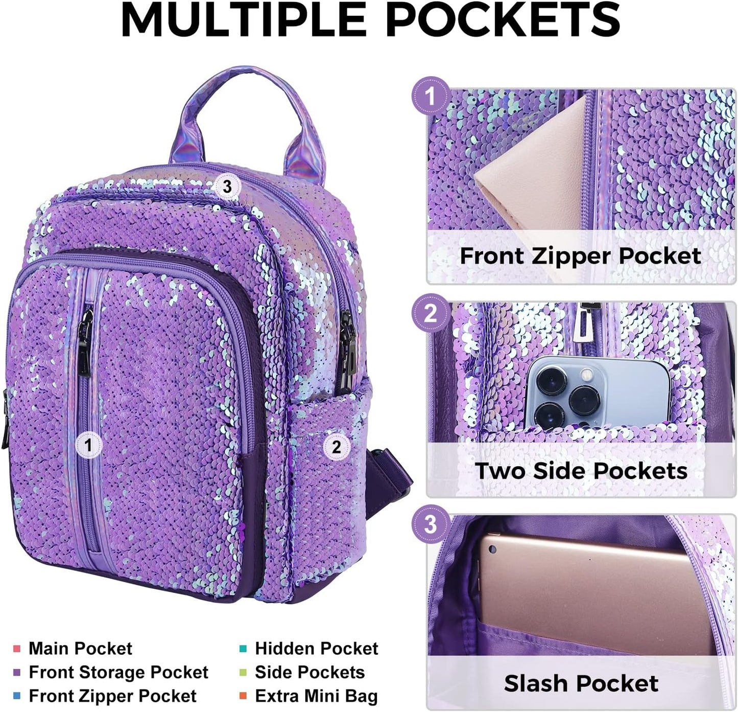 Fmeida Sequin School Backpack for Girls Kids Kawaii Kindergarten Elementary Book Bag Bookbag Glitter Sparkly Back Pack Christmas Gift - Lavender Purple