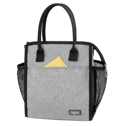 Fmeida Lunch Bag, Insulated Lunch Bag Women, Small Lunch Bag, Thermal Black Lunch Bag with Side&Interior Pockets, Reusable Adult Lunch Tote Bags for Women Men Office Work College Beach Travel